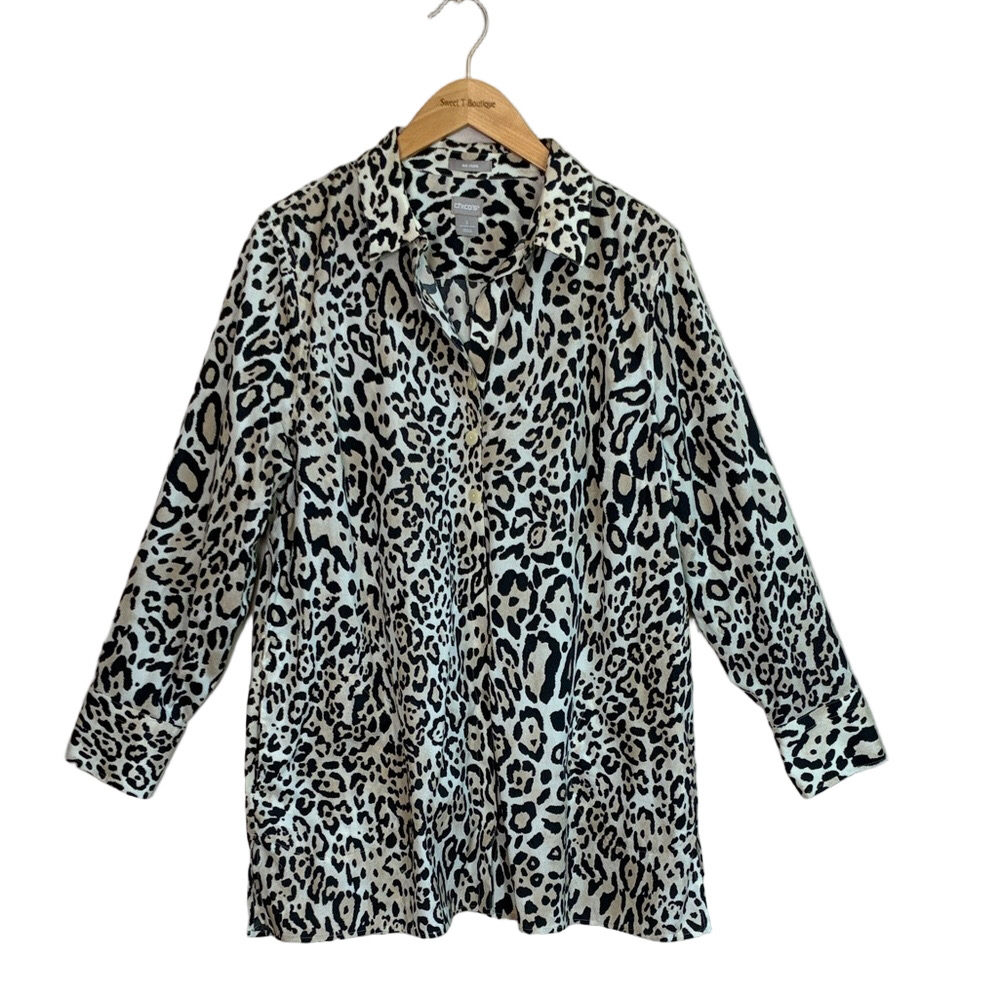 CHICO'S Size 3 US 16/18 XL No‎ Iron Cotton Leopard Button Up Shirt with Pockets